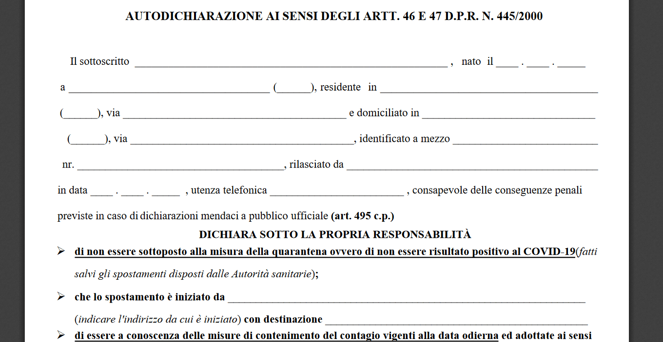 Autocertificazione Fase Due