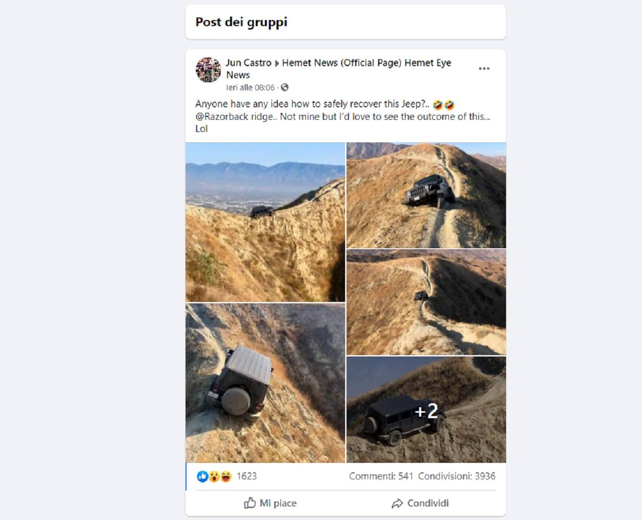 Il post Facebook con le immagini della Jeep Wrangler sospesa sulla parete di roccia