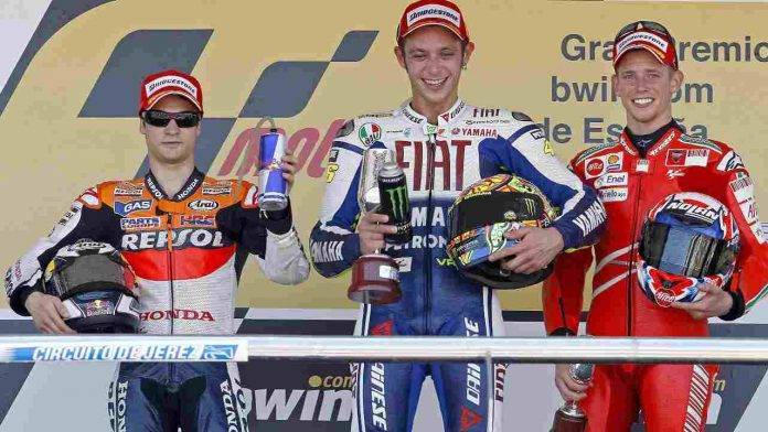 Valentino Rossi con Pedrosa e Stoner