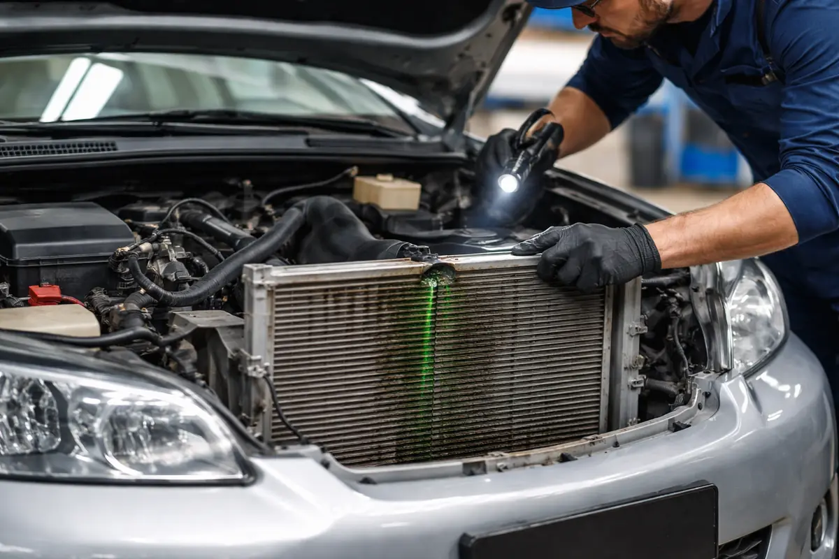 radiatore auto danneggiato controllato da un meccanico in officina