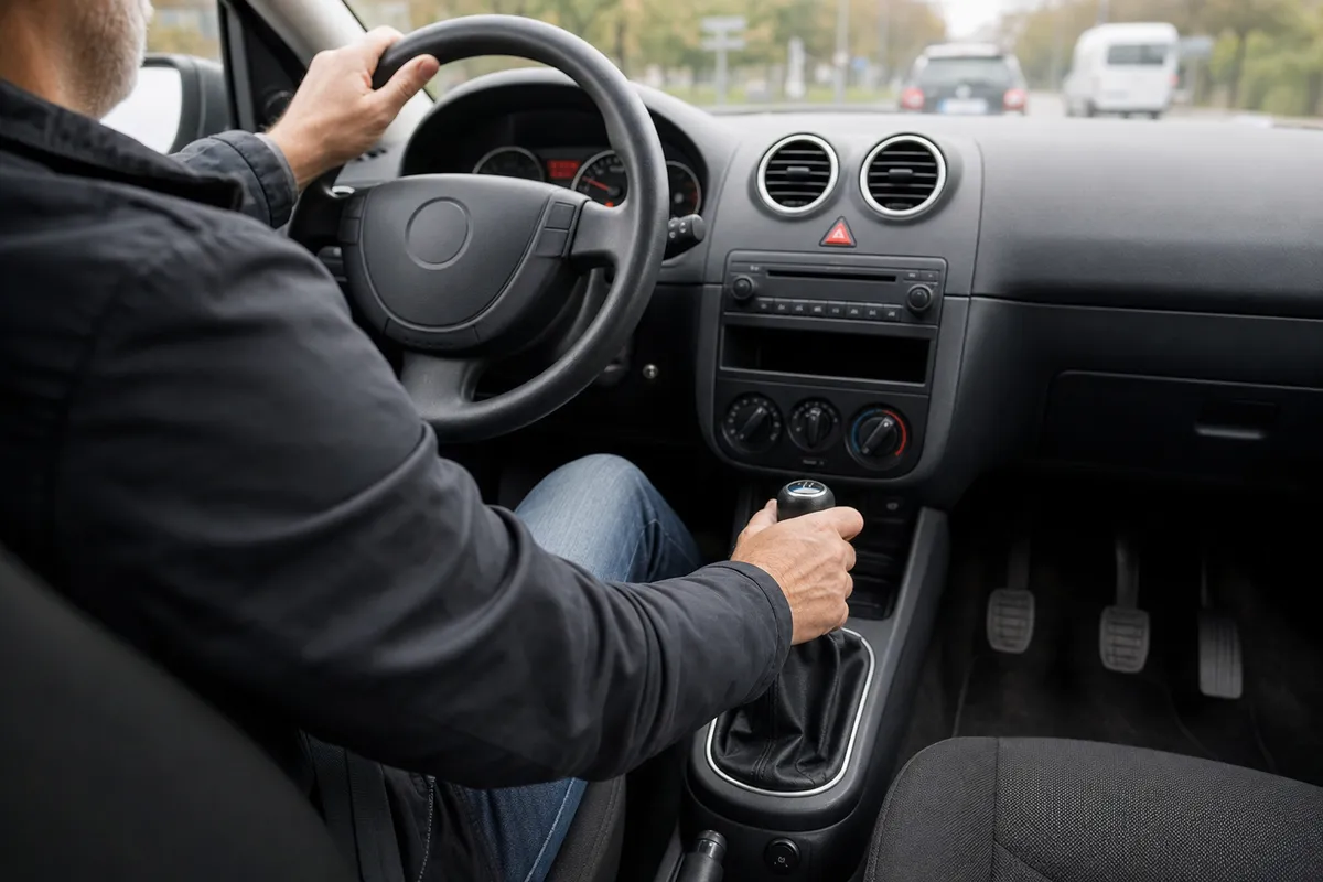 Interno auto con cambio manuale: guidatore con una mano sul volante e l’altra sulla leva, tre pedali visibili