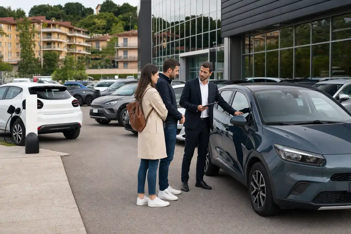 Venditore in concessionaria mostra un’auto compatta a una coppia, con altre vetture e una colonnina di ricarica sullo sfondo