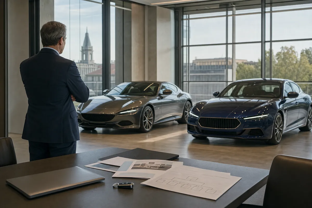 Dirigente in giacca osserva due auto di lusso in uno showroom con documenti e laptop su un tavolo