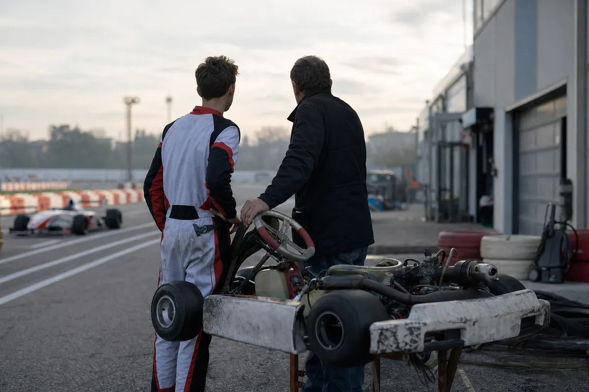 Giovane pilota e uomo adulto accanto a un kart nel paddock, con la pista e i box sullo sfondo