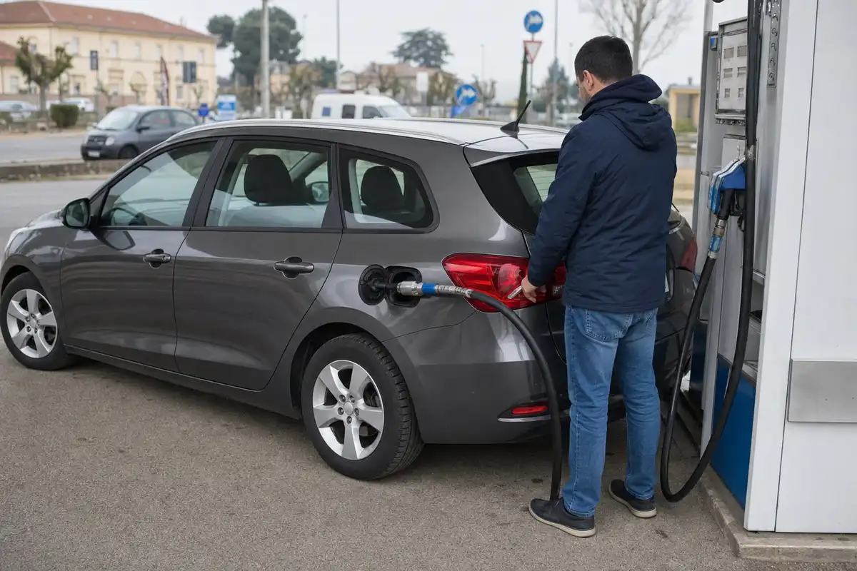 Uomo fa rifornimento di GPL a un’auto grigia in una stazione di servizio