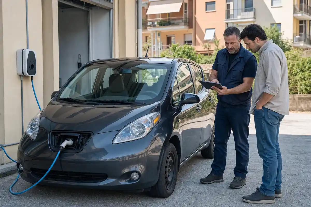 Auto elettrica compatta in ricarica a una wallbox domestica, con due uomini che controllano i dati su un tablet