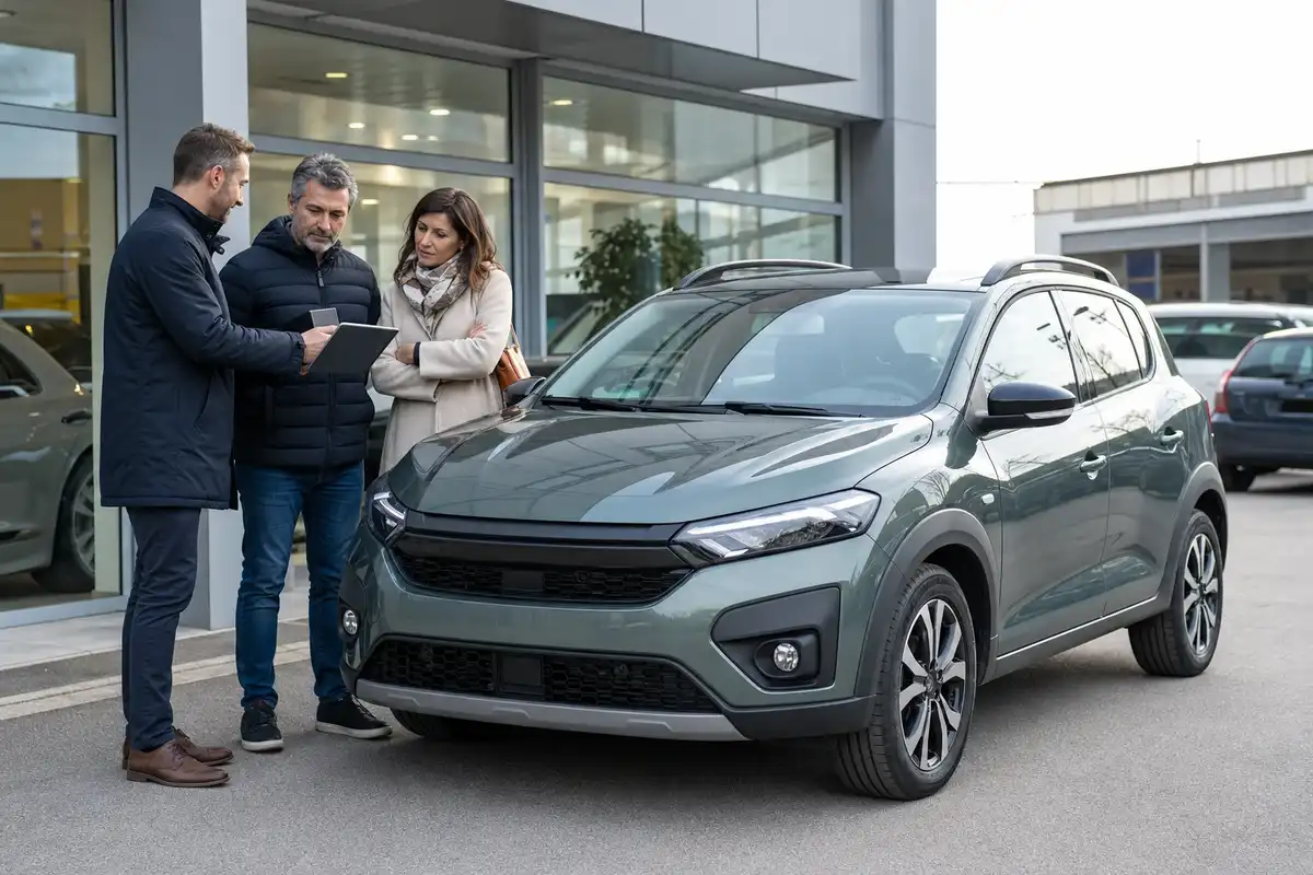 Coppia e venditore davanti a un crossover compatto grigio in concessionaria, mentre discutono un preventivo