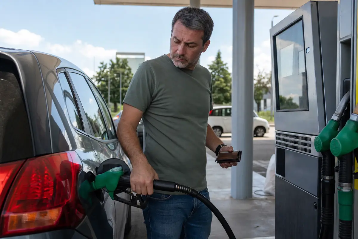 Uomo fa rifornimento a un’auto al self-service, con la pistola della benzina in mano e un portafoglio