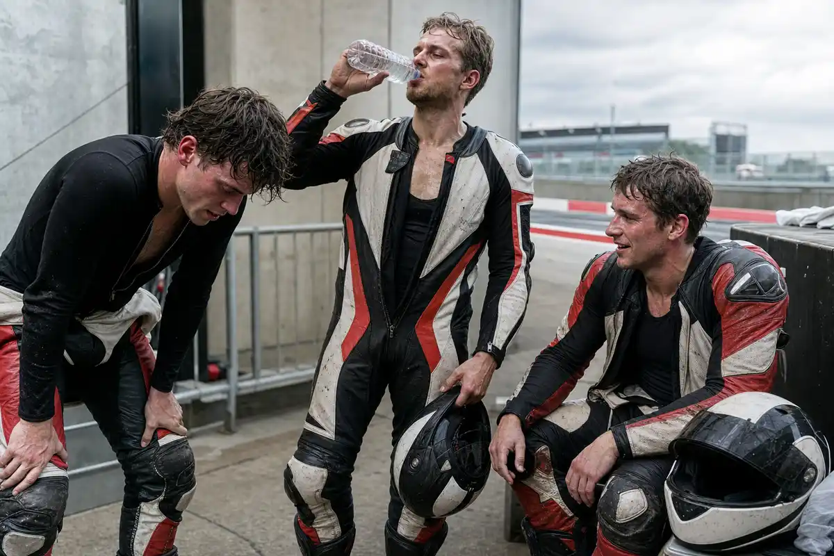 Tre piloti di moto sudati nel paddock: uno piegato in avanti, uno beve acqua, uno seduto con casco vicino