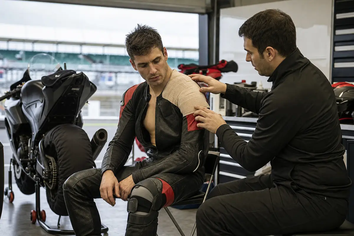 Pilota in tuta da gara seduto nel box mentre un fisioterapista controlla la spalla fasciata, moto sullo sfondo