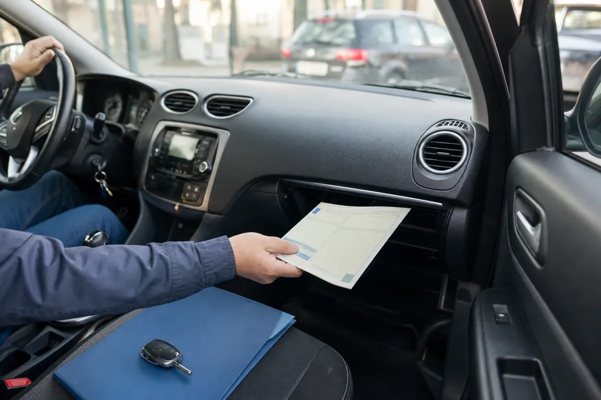 Mano del conducente che estrae un documento dal vano portaoggetti in un’auto, con chiavi e cartellina sul sedile