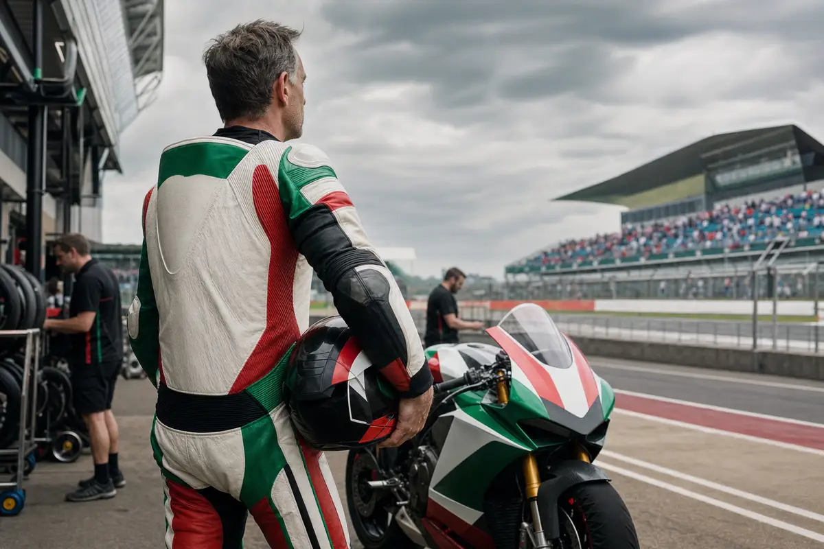 Pilota di moto in tuta verde bianca e rossa con casco in mano accanto alla moto in pit lane, tribune sullo sfondo