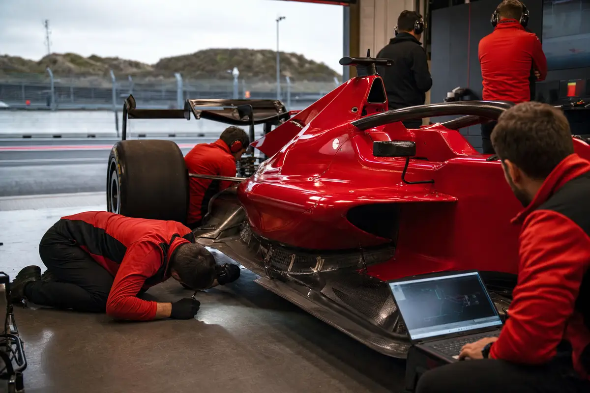 Meccanici controllano il fondo in carbonio di una monoposto rossa nel box, con laptop e attrezzi