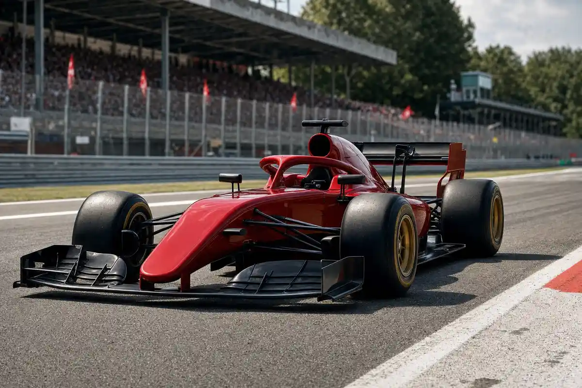Monoposto rossa stile Formula 1 con alettoni neri e cerchi dorati sulla pista, tribune affollate sullo sfondo