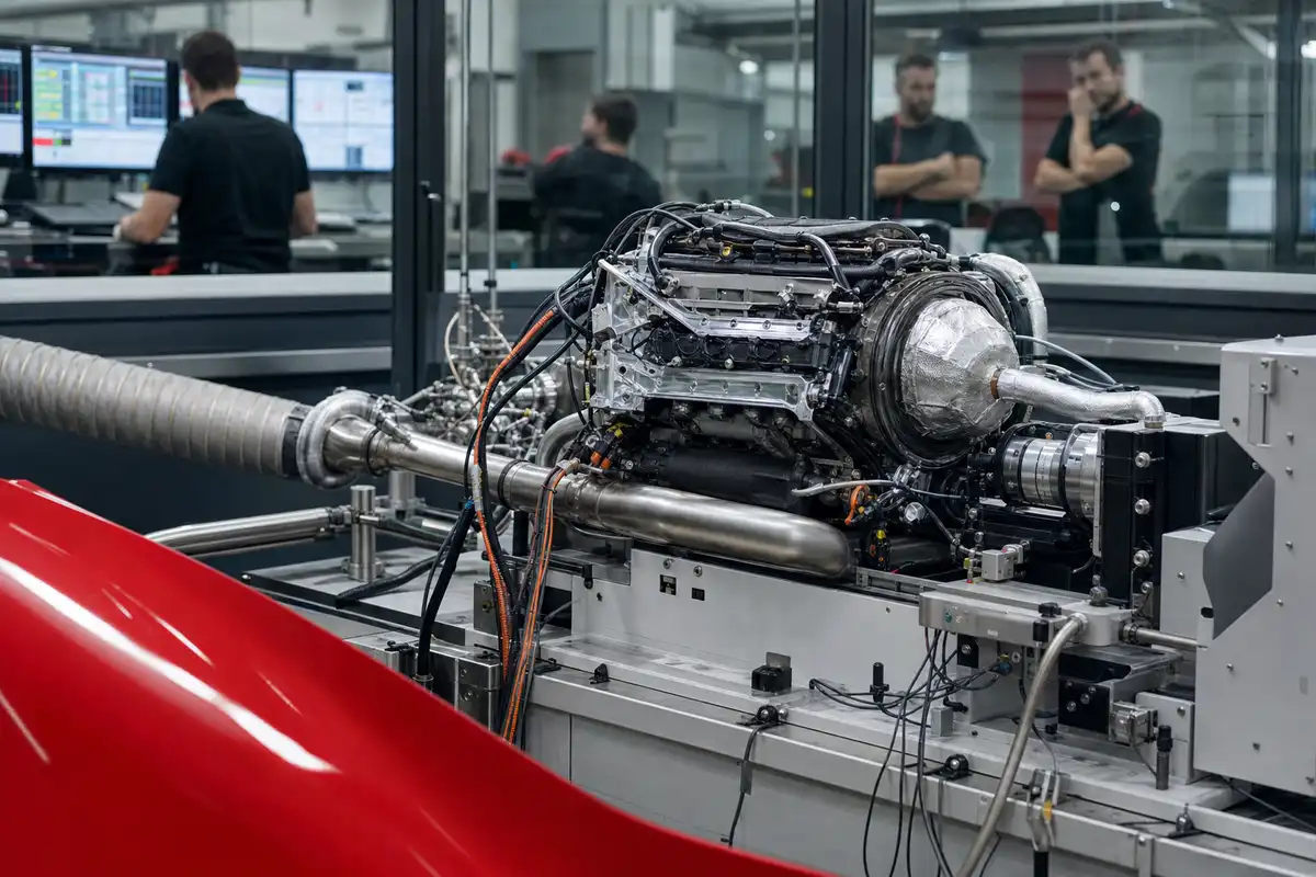 Motore da competizione su banco prova dinamometrico in laboratorio, con cavi e tecnici sfocati dietro un vetro
