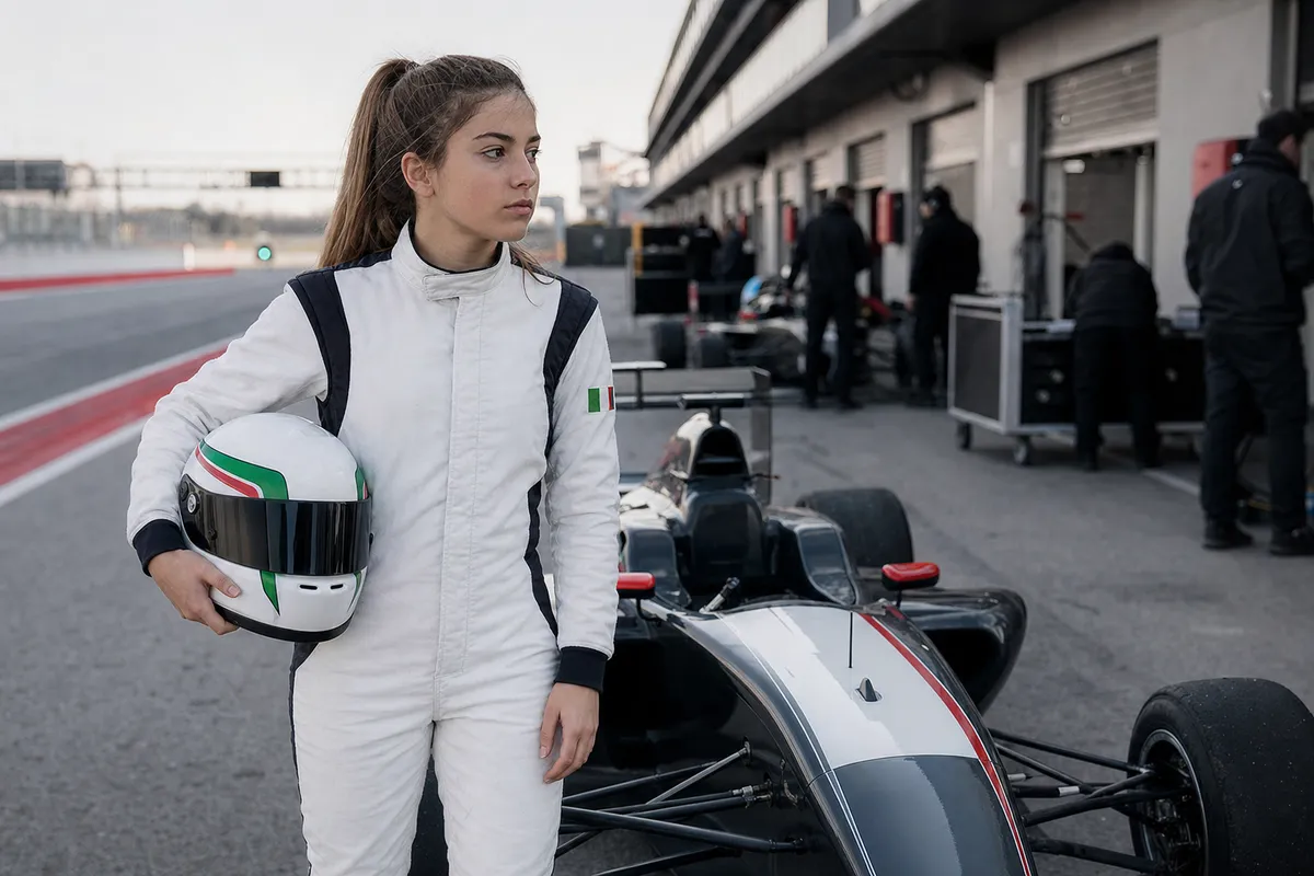 Giovane pilota in tuta bianca con casco e monoposto in pit lane, con meccanici sullo sfondo