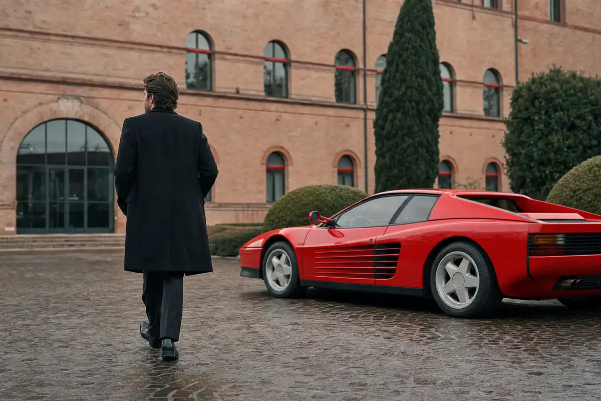 Uomo in cappotto nero cammina in un cortile davanti a una supercar rossa anni ’80 e a un edificio in mattoni
