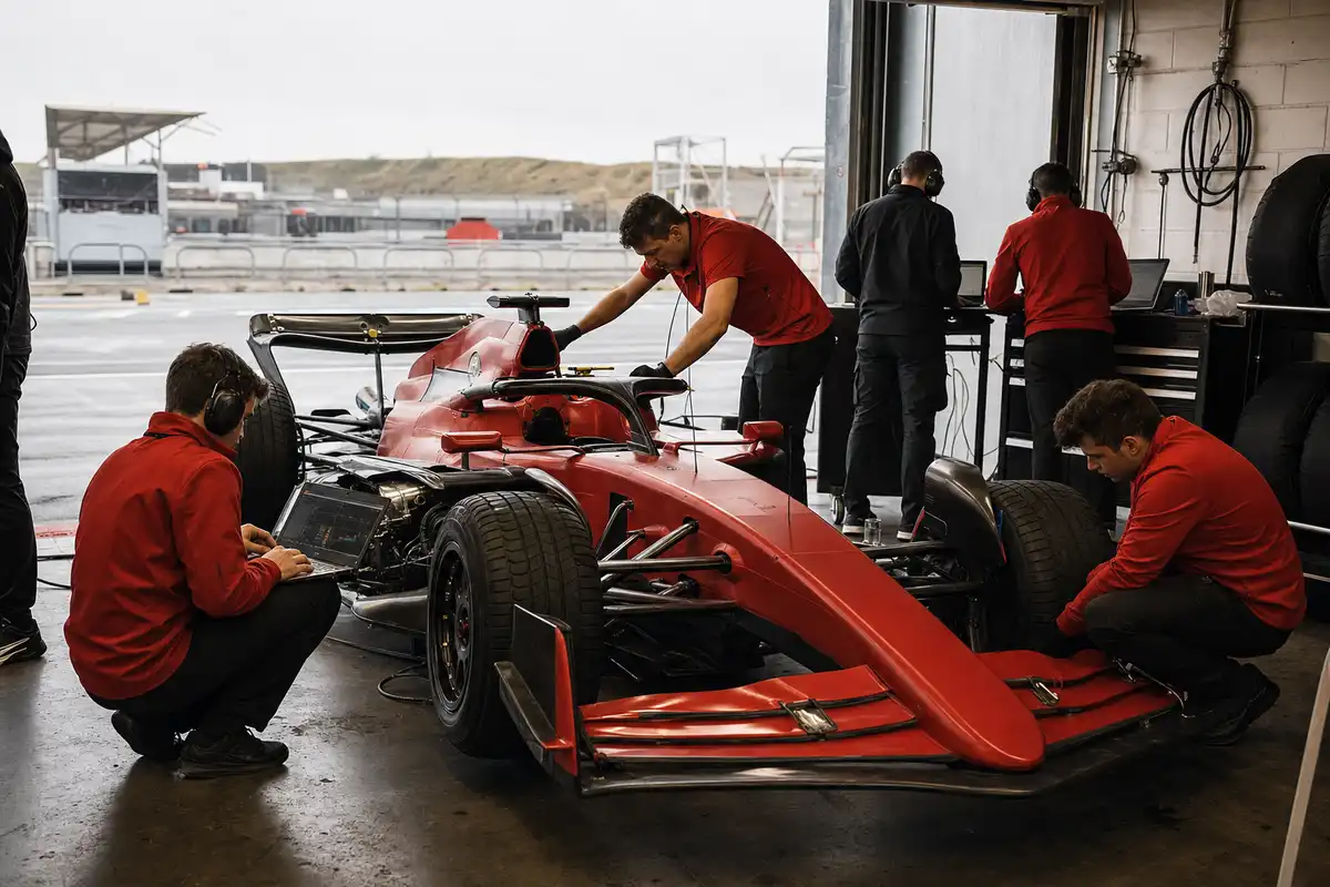 Monoposto di Formula 1 rossa in garage, con meccanici al lavoro e un tecnico che controlla i dati su un laptop
