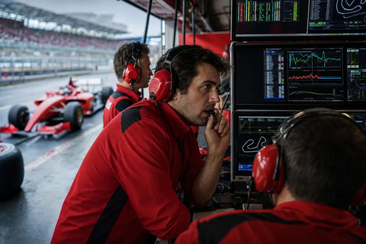 Ingegneri al muretto con cuffie e monitor di telemetria, mentre una monoposto rossa sfocata passa in pit lane