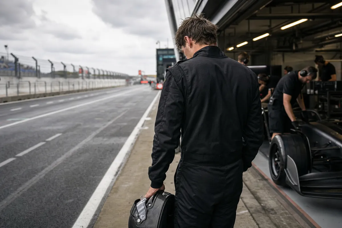 Pilota di Formula 1 di spalle con casco in mano nel pit lane, vicino al box e a una monoposto sotto un cielo nuvoloso