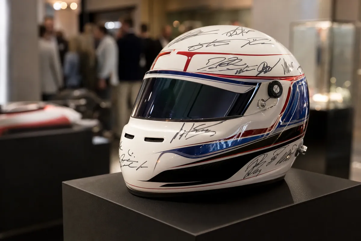 Casco da Formula 1 bianco con strisce rosse e blu e varie firme, esposto su piedistallo in una sala eventi