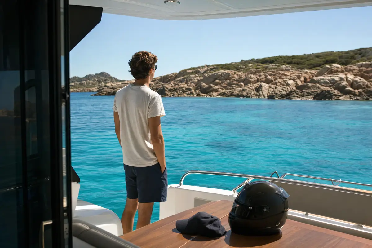 Giovane uomo sul ponte di uno yacht osserva il mare turchese e una costa rocciosa; casco nero e cappellino su un tavolo