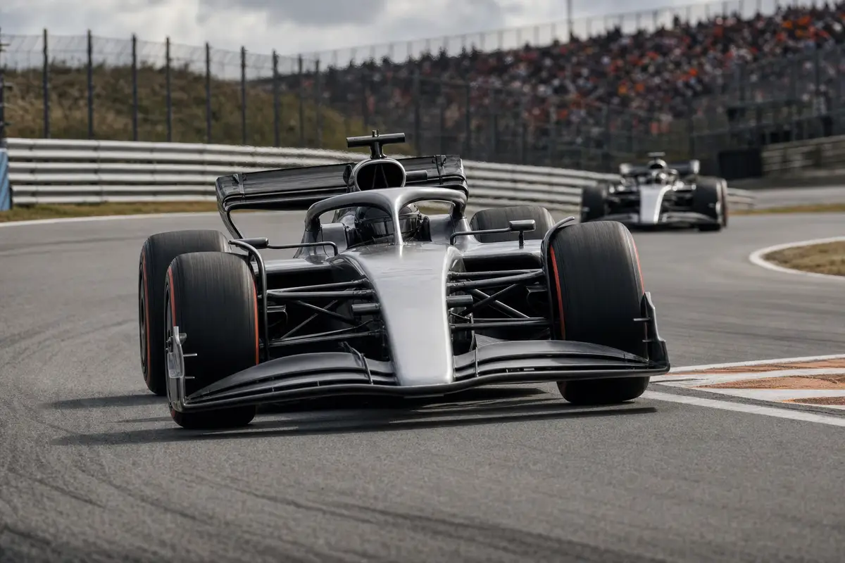Monoposto di Formula 1 color argento in curva con un’altra vettura all’inseguimento e tribune sfocate sullo sfondo