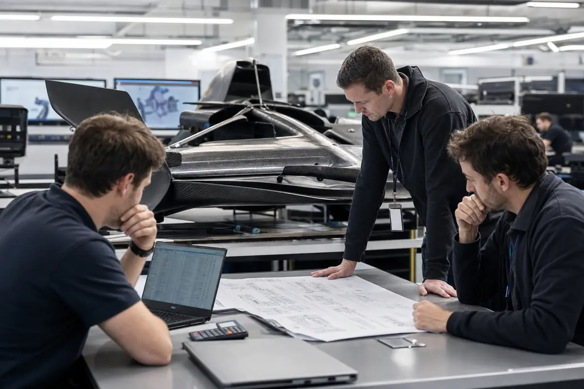 Ingegneri in officina discutono disegni tecnici accanto a un componente in fibra di carbonio di una monoposto