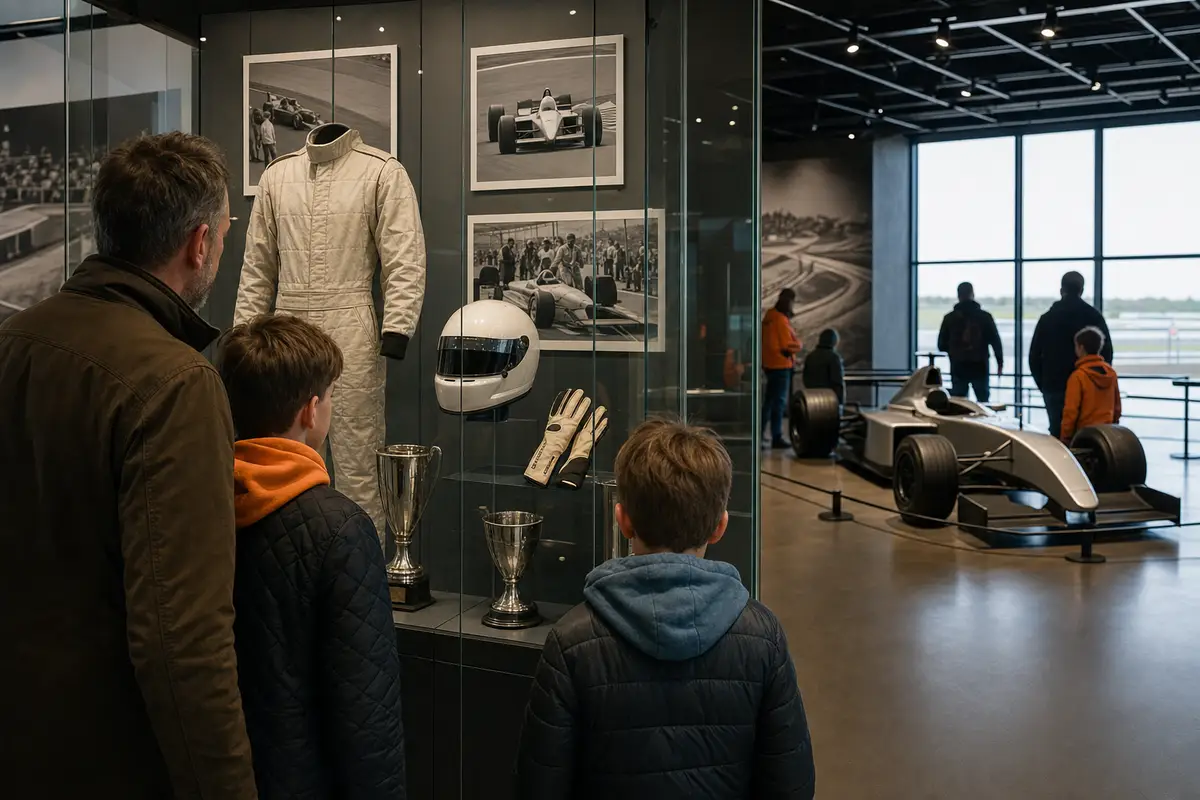 Visitatori osservano in un museo del motorsport una tuta da gara, casco, guanti e trofei in teca, con monoposto sullo sfondo