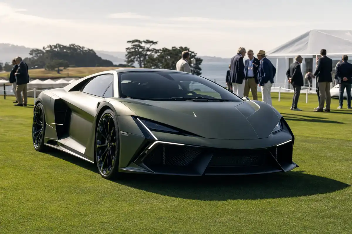 Supercar verde opaca esposta su un prato durante un evento automobilistico con ospiti eleganti e tende sullo sfondo