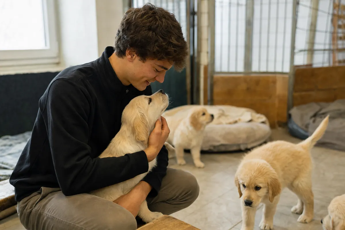 Giovane uomo accarezza un cucciolo di Golden Retriever in un allevamento, con altri cuccioli sullo sfondo