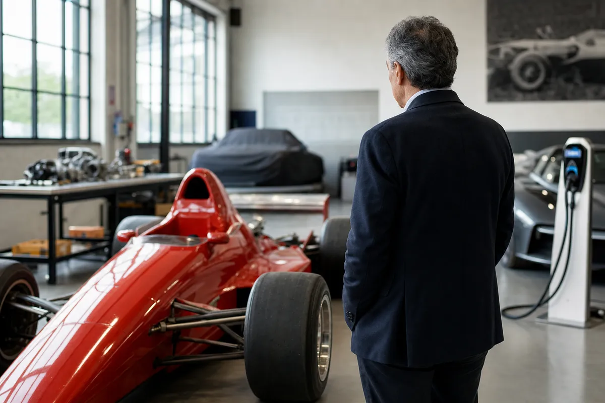 Uomo in giacca osserva una monoposto da corsa rossa in officina, con colonnina di ricarica e auto moderna sullo sfondo