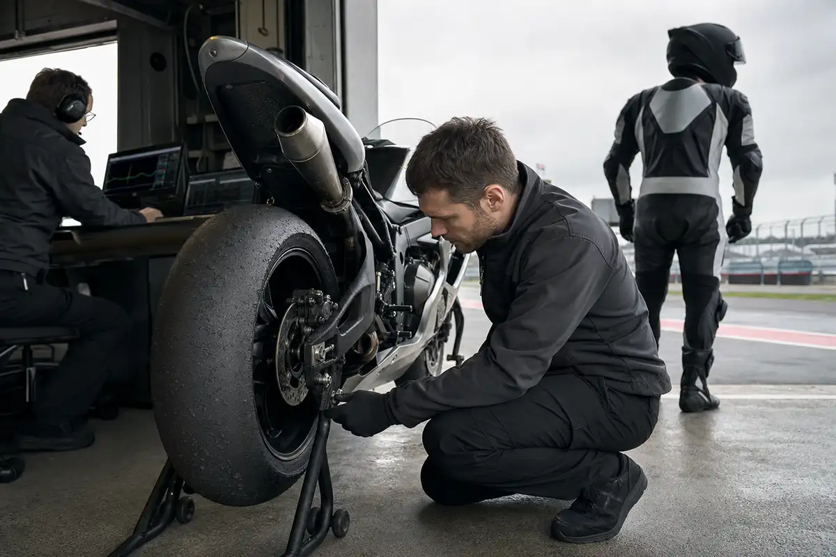 Meccanico ispeziona la gomma posteriore consumata di una moto da gara nel box, con pista grigia sullo sfondo