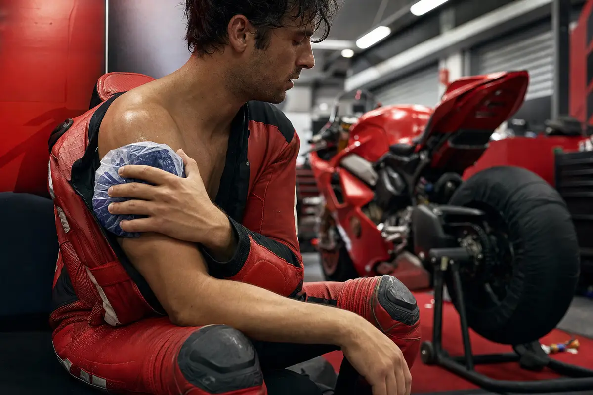 Pilota in tuta rossa seduto nel box con ghiaccio sulla spalla, moto rossa sfocata sullo sfondo