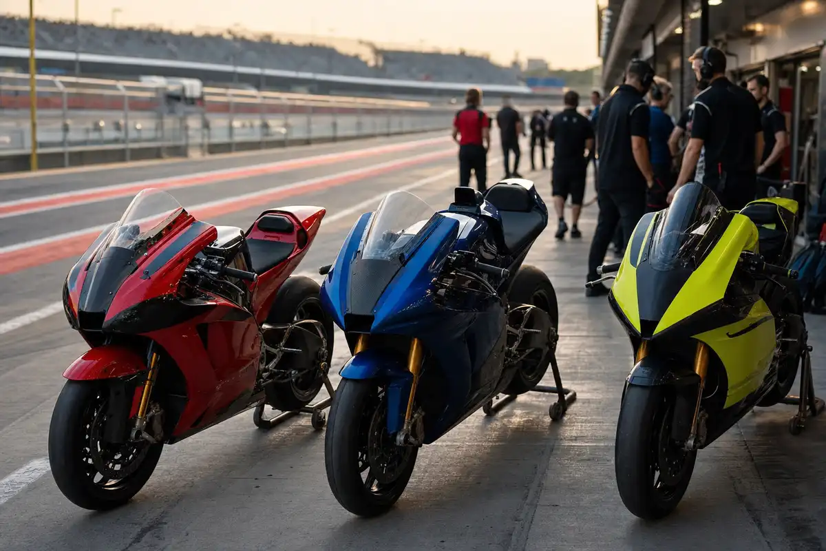 Tre moto da gara schierate in pit lane al tramonto, con meccanici sullo sfondo
