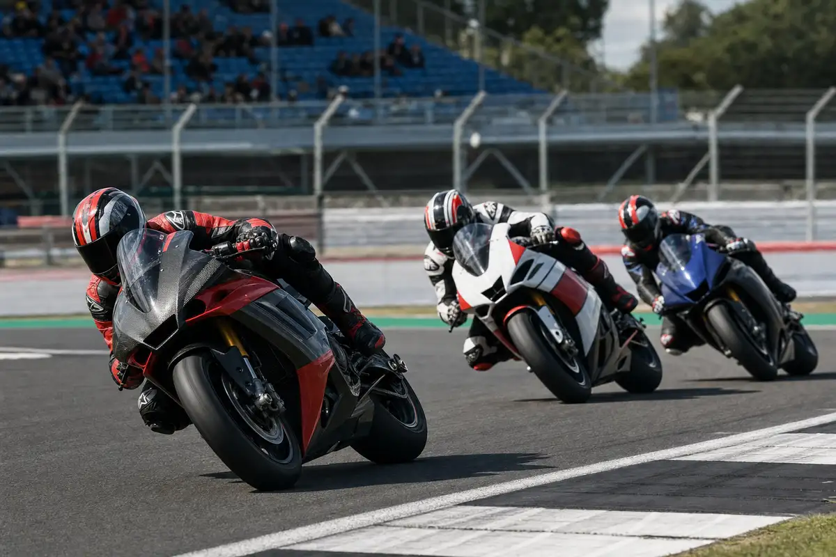 Tre moto da corsa piegate in curva su un circuito, con tribune e recinzioni sullo sfondo
