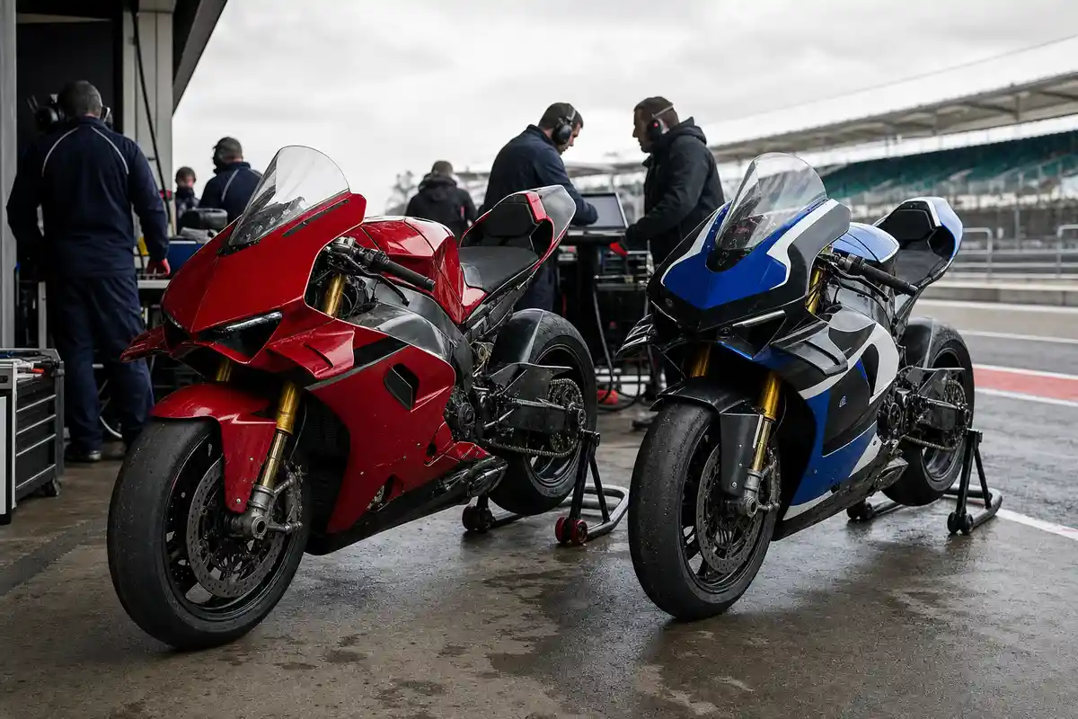 Due moto prototipo da MotoGP, una rossa e una blu-nera, ferme nel box con meccanici sullo sfondo