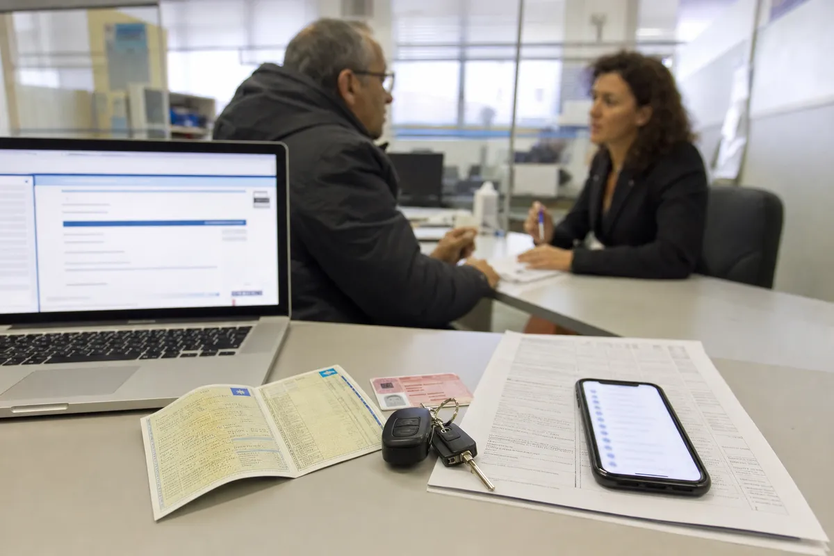 Scrivania con laptop, documenti auto, chiavi e smartphone in un ufficio pratiche, con due persone che parlano sullo sfondo