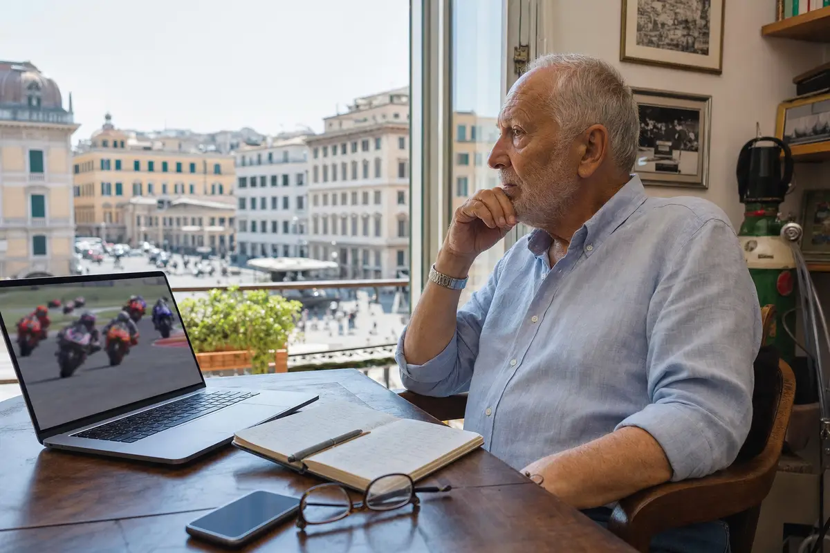 Analista anziano alla scrivania con laptop su una gara MotoGP, appunti e occhiali, vicino a una finestra su una piazza