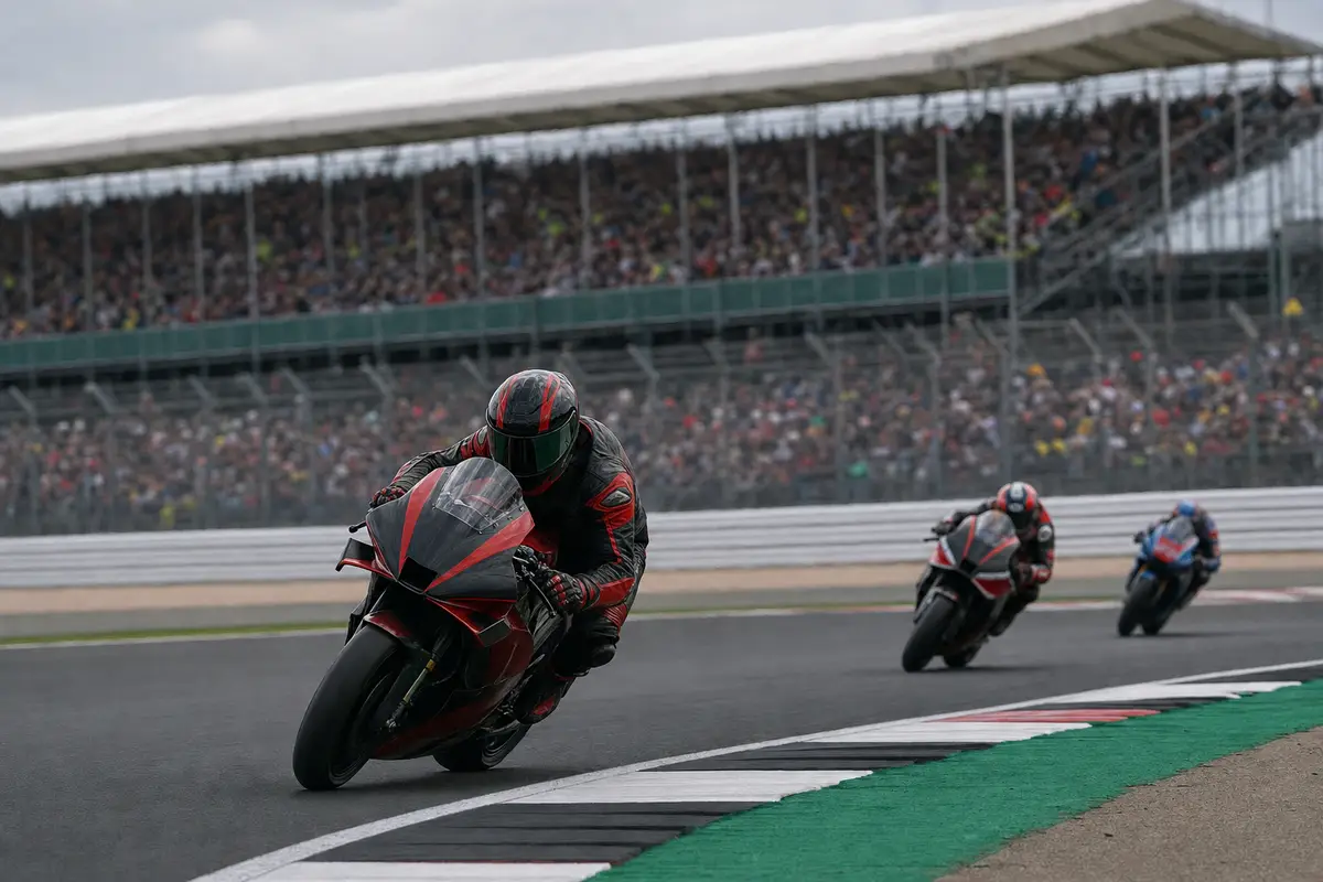 Moto da Gran Premio rossa e nera in piega in curva, con due inseguitori sullo sfondo e tribune affollate
