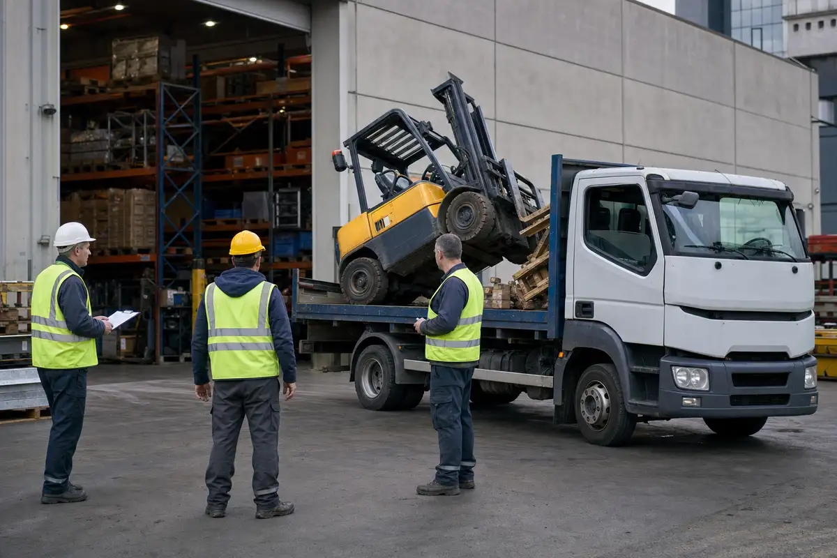 Camion con pianale e muletto inclinato durante il carico, tre operai con giubbotti alta visibilità osservano