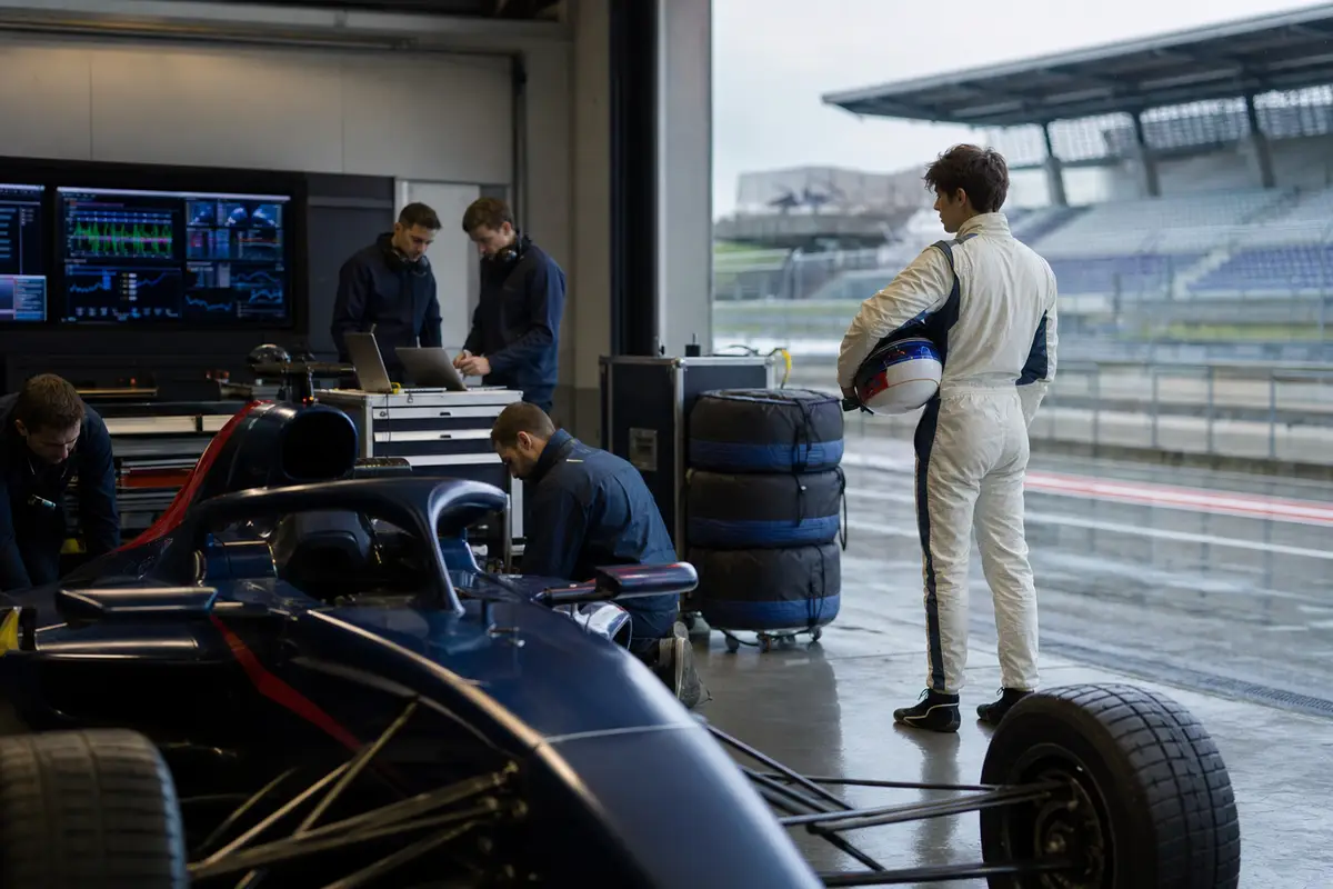 Pilota con casco in mano in un box di Formula 1, con monoposto blu e tecnici al lavoro davanti ai monitor