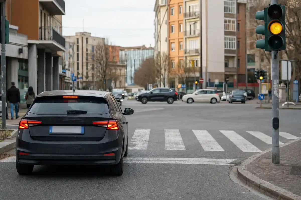 Auto rallenta davanti alla linea d’arresto con semaforo giallo e strisce pedonali in un incrocio urbano