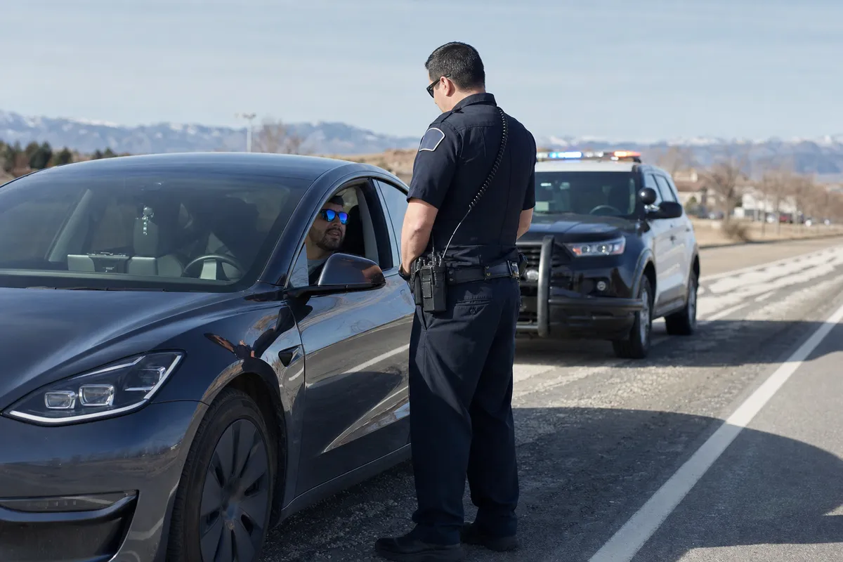 Agente di polizia parla al conducente di una berlina elettrica fermata a bordo strada, con volante della pattuglia sullo