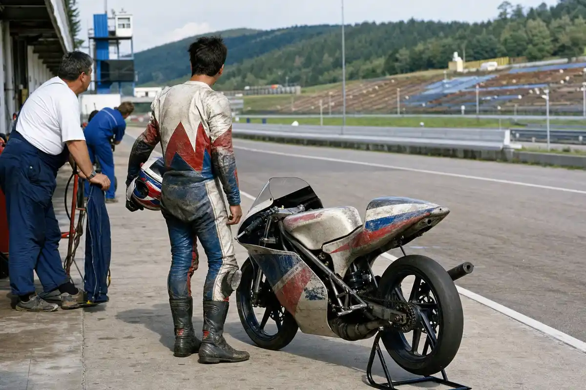 Pilota in tuta anni ’90 accanto a una moto da Gran Premio 125 nel box, con meccanici e pista sullo sfondo