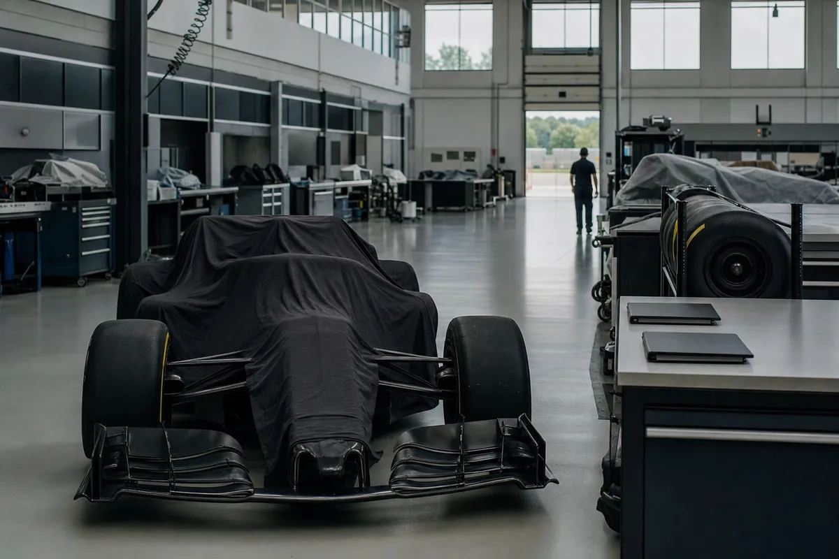 Officina di un team con monoposto coperta, postazioni di lavoro spente e un tecnico che si allontana