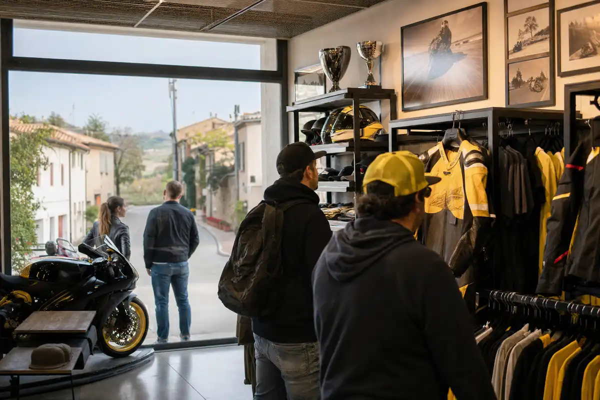 Negozio di merchandising motociclistico con caschi e giacche gialle, visitatori e moto vicino alla vetrina su un borgo