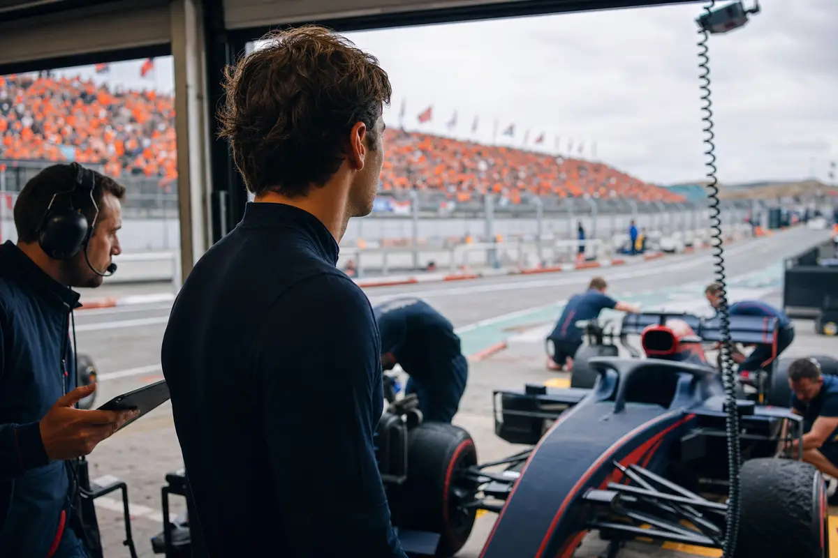 Pilota di Formula 1 visto di spalle nel box, con ingegnere in cuffia e monoposto in preparazione sullo sfondo