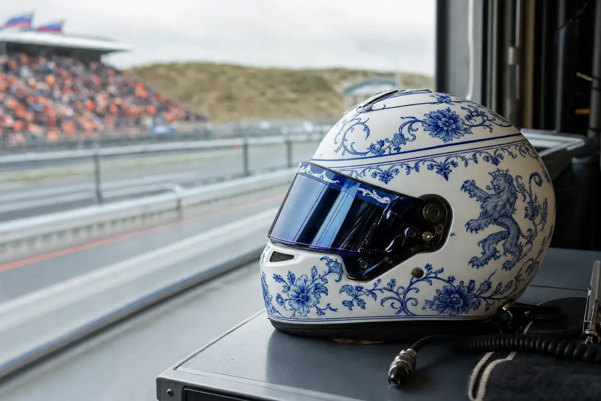 Casco da gara bianco e blu in stile Delft su un banco ai box, con pista e tribune arancioni sfocate sullo sfondo