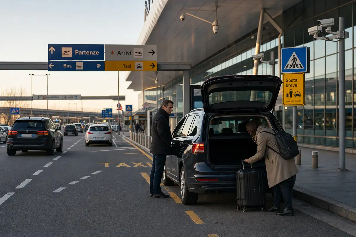 Auto in sosta breve davanti al terminal con bagaglio, corsia taxi e cartelli Partenze/Arrivi e telecamere